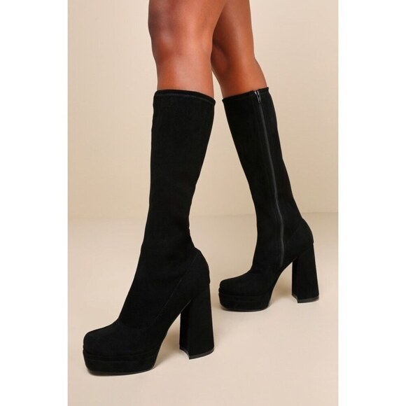 Kennedie Black Suede Double Platform Knee-High Boots sz 7.5 Sexy Party Boots - Picture 1 of 13